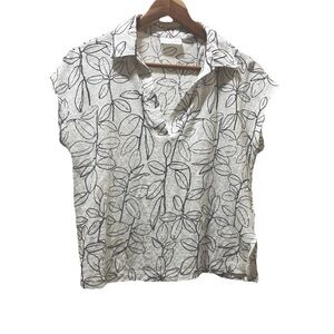 Cynthia Rowley Top Womens Large White Black Leaves 100% Linen Cap Sleeve V Neck